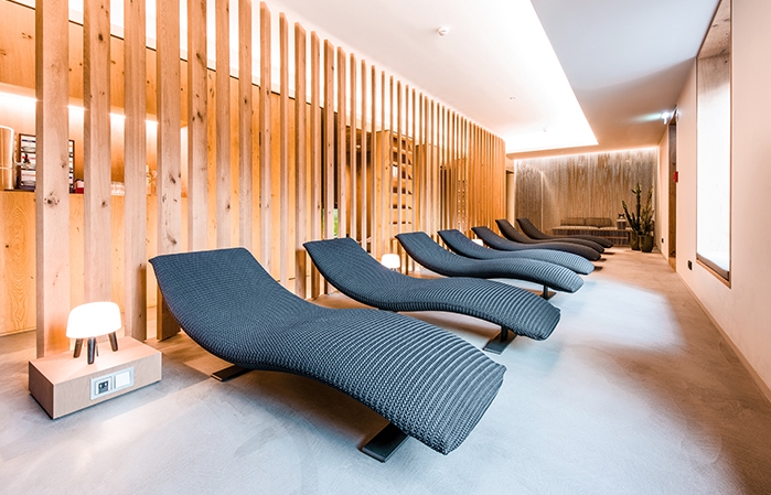 View of the wellness loungers in the Alpine Spa